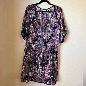 Short length dress with 3/4 sleeves with Blue and Red multicolored fabric